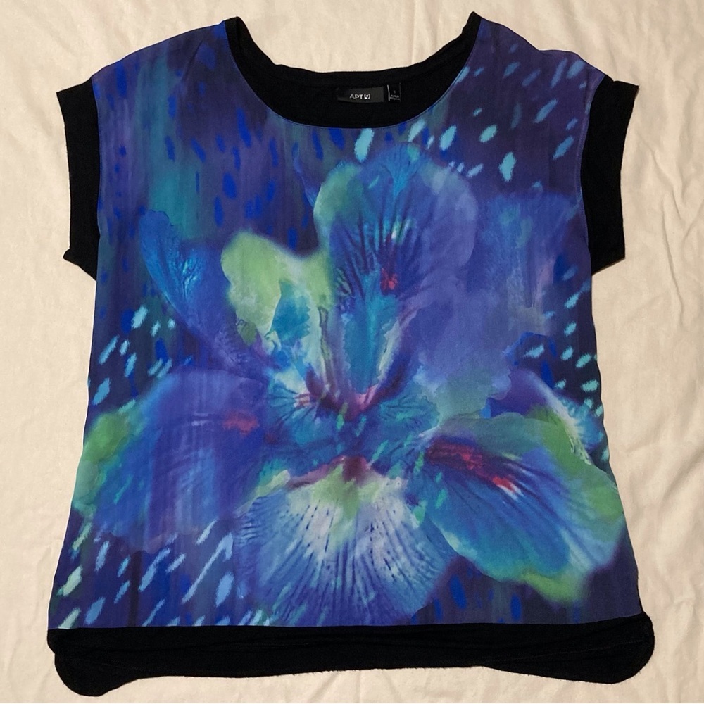 Apt. 9 Iris Print Blouse | cap sleeves | Flowy Front + Black Knit Back